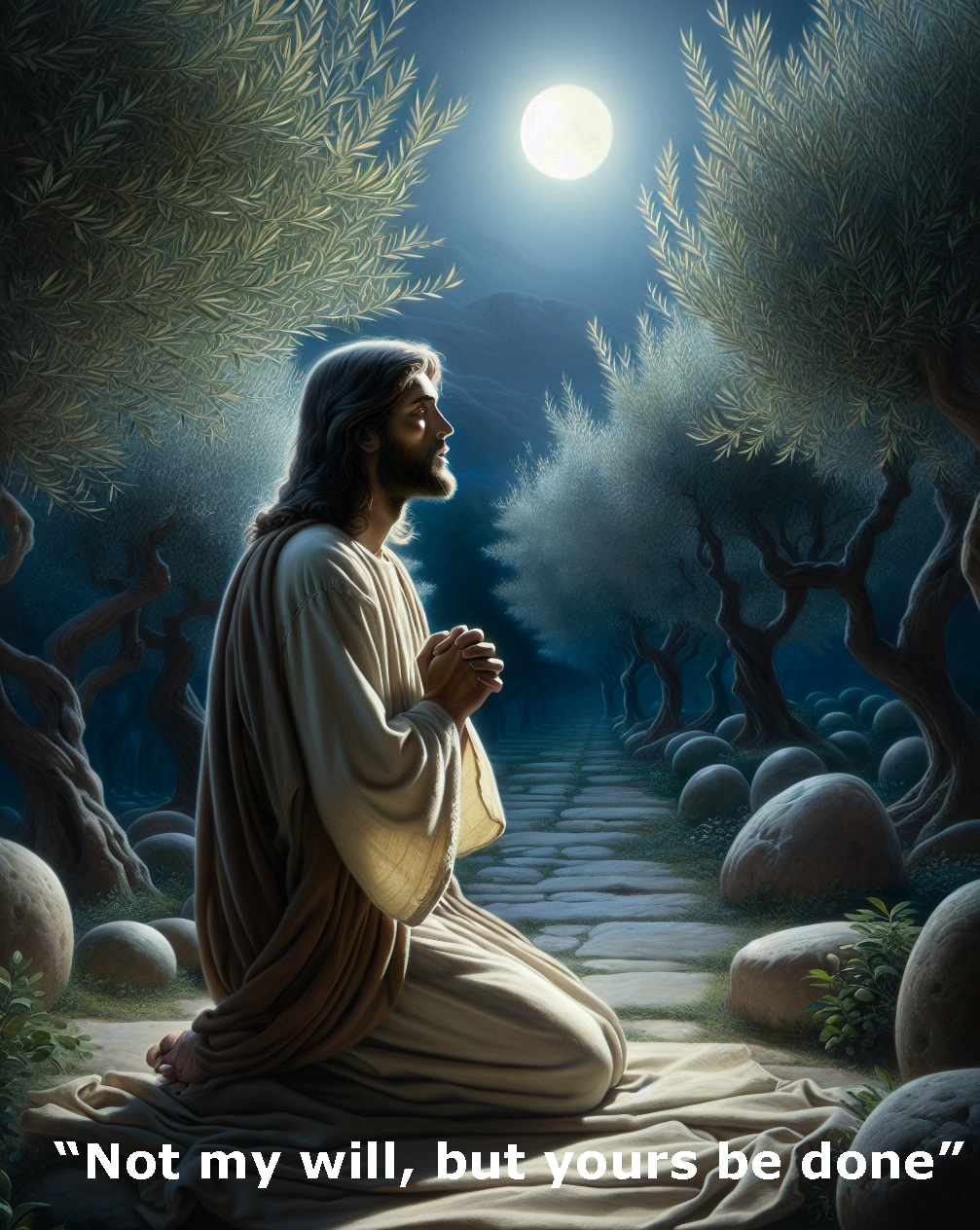Jesus prays in the Garden of Gethsemane